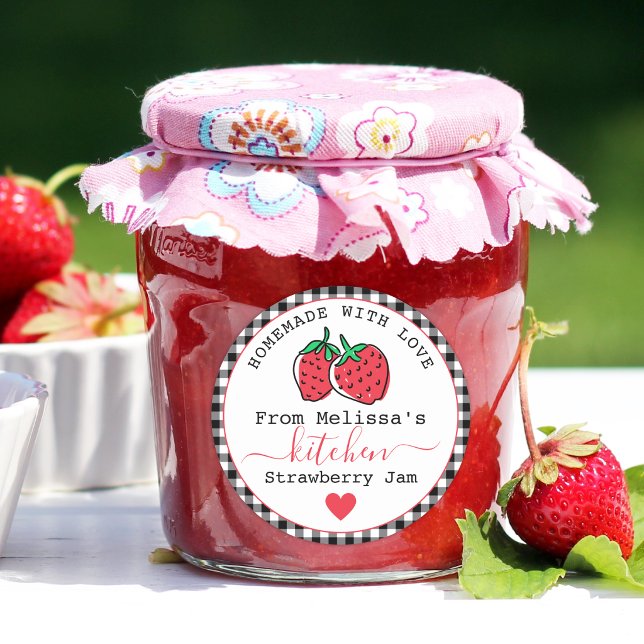 Sticker Rond Confit de fraises fait maison  Gingham noir rustiq (Créateur téléchargé)