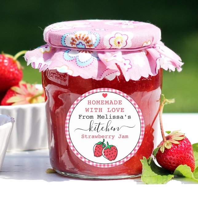 Sticker Rond Confit de Fraises Maison Gingham Rose Rustique   (personalized strawberry jam jar label)