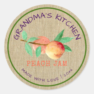 Sticker Rond Confit de pêche en toile de jute fait avec amour R