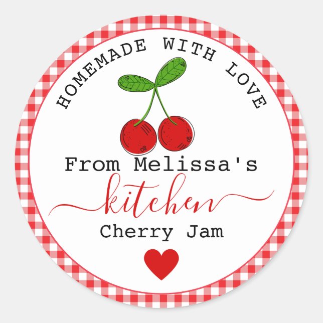Sticker Rond Confiture de Cerise Faite Maison Rouge Gingham Fer (Devant)
