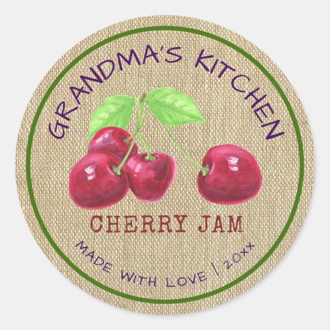 Sticker Rond Confiture de Cerises Rustique Fabriquée avec Amour (Devant)