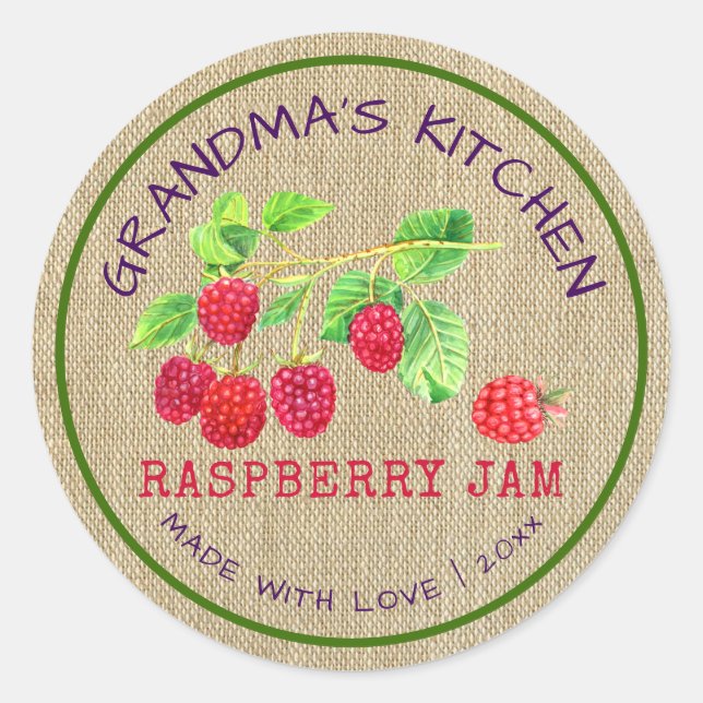 Sticker Rond Confiture de framboise en toile de jute Rustique F (Devant)