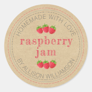 Sticker Rond Confiture de framboise maison rustique en pot en p