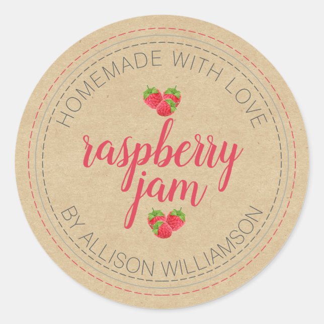 Sticker Rond Confiture de framboise maison rustique peut pot en (Devant)