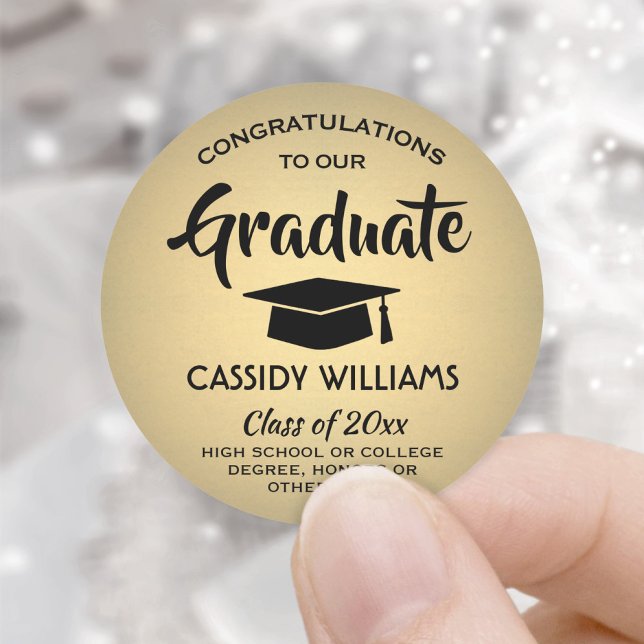 Sticker Rond Congratulations Black & Gold Faux Foil Graduation (Créateur téléchargé)