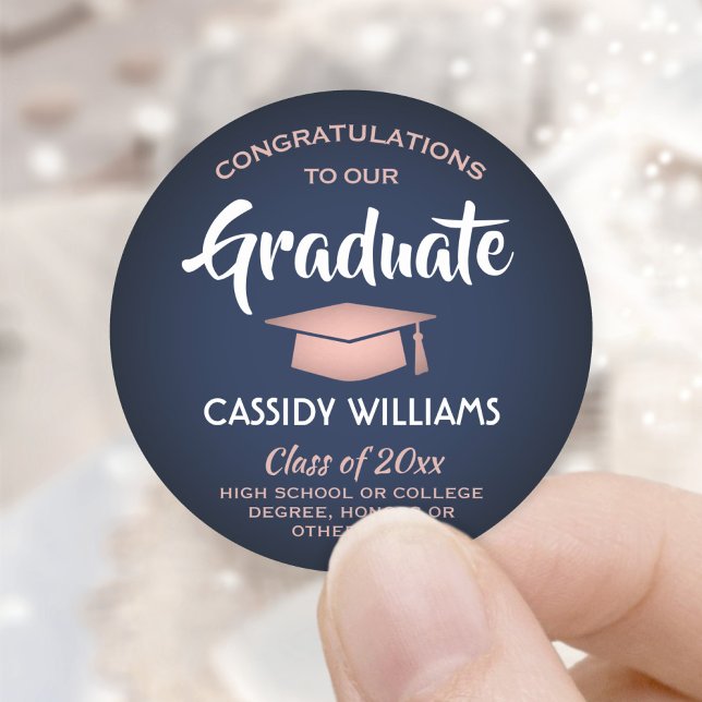 Sticker Rond Congratulations Navy and Pink Rose Gold Graduation (Créateur téléchargé)