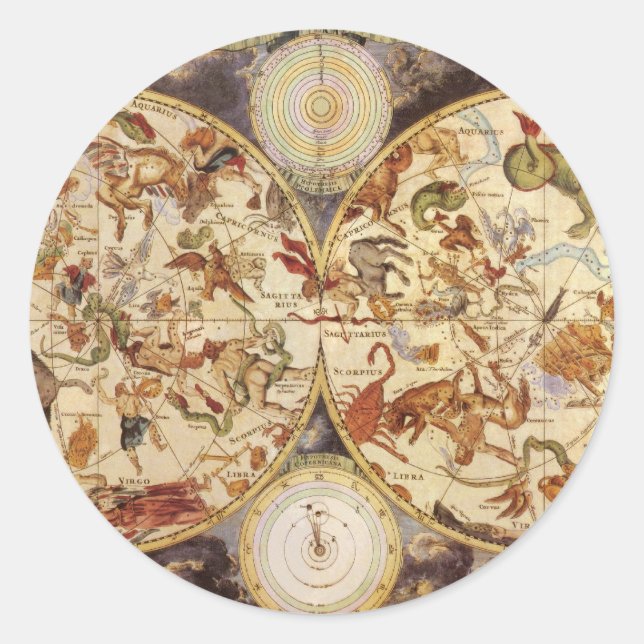 Sticker Rond Constellations, Astronomie Vintage, Frederik de Wi (Devant)