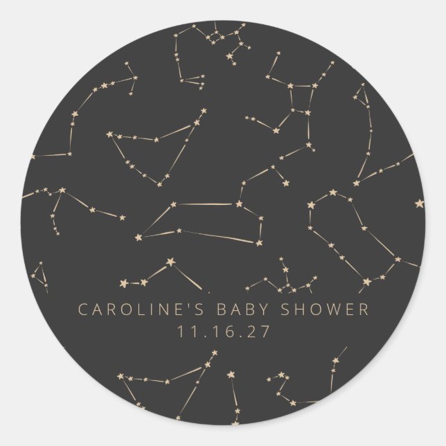 Sticker Rond Constellations Stars Black Gold Baby shower person (Devant)