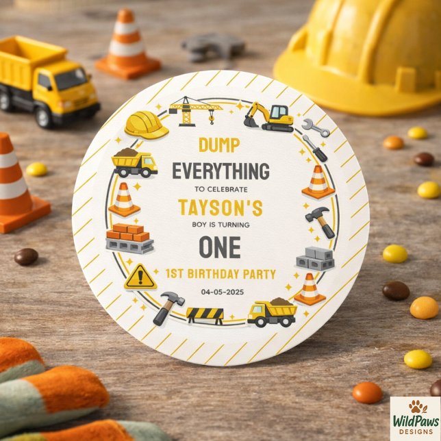 Sticker Rond Construction 1er Anniversaire | Fête Camion de Cha (Construction 1ST Birthday | Builder Truck Party Classic Round Sticker)