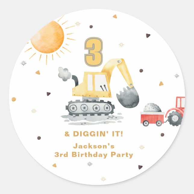 Sticker Rond Construction Aquarelle Jaune 3ème Anniversaire (Devant)