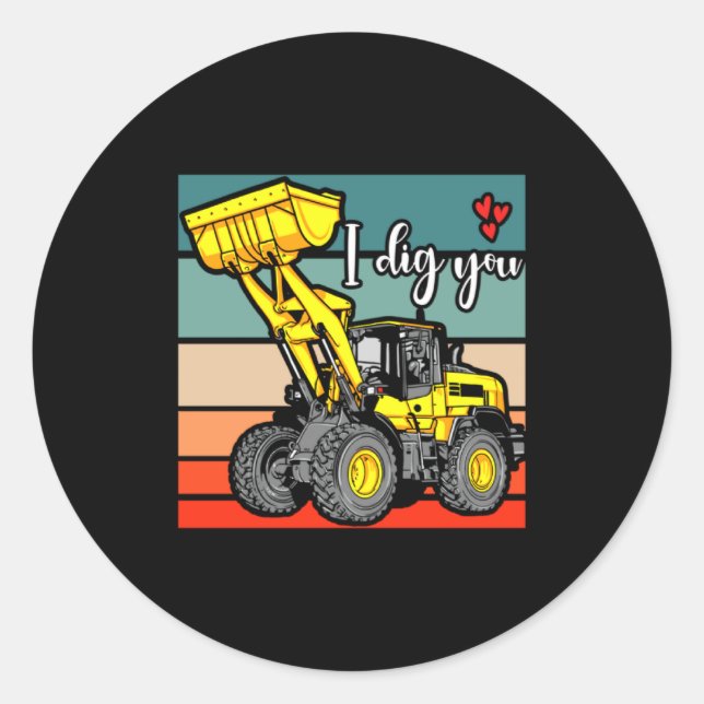 Sticker Rond Construction Vehicles Valentines Hearts Excavator  (Devant)