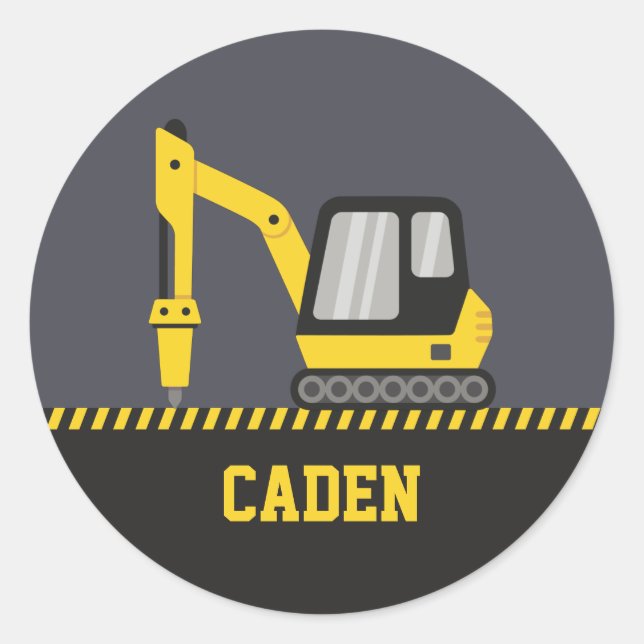 Sticker Rond Construction Yellow Excavator Breaker Nom des enfa (Devant)