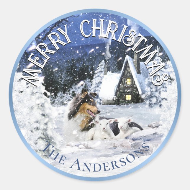 Sticker Rond Conte de fées d'hiver de Noël, Chien Colley Tricol (Devant)