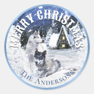 Sticker Rond Conte de fées hivernales de Noël, Loups en neige -