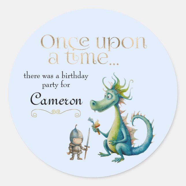 Sticker Rond Conte de fées pour enfants Dragon et Chevalier Ble (Devant)