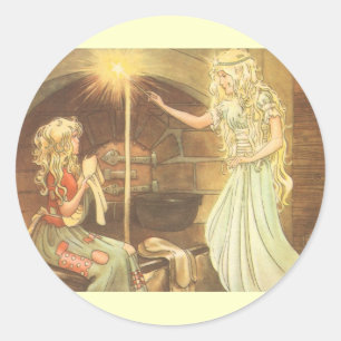 Sticker Rond Conte de fées vintage, Cendrillon et marraine fée