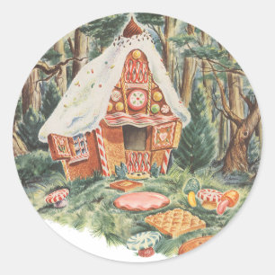 Sticker Rond Conte de fées vintage, maison en bonbons de Hansel