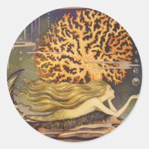 Sticker Rond Conte de fées vintage, petite sirène dans le corai