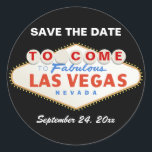 Sticker Rond Contemporary Las Vegas signe mariage Enregistrer l<br><div class="desc">Contemporary Las Vegas signe destination mariage Save the Date sticker. Ce modèle personnalisable présente le célèbre panneau néon et le texte "Bienvenue à Fabulous Las Vegas,  Nevada". Certains éléments sont offerts par anasofiapaixao.</div>