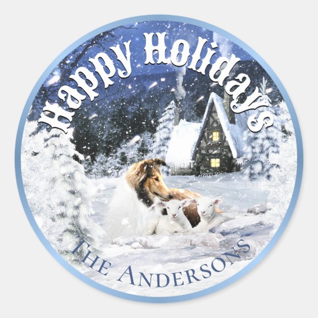 Sticker Rond Contes de fées d'hiver, Collie Sable et Agneaux - (Devant)