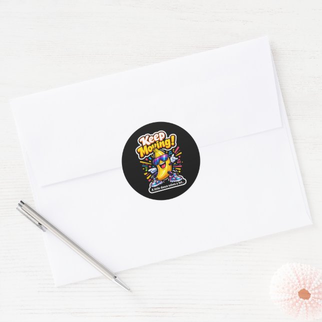 Sticker Rond Continuez à bouger ! – Banane Disco Danseuse (Enveloppe)