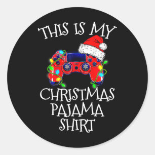 Sticker Rond Contrôleur de jeu vidéo en pyjama de Noël Père Noë