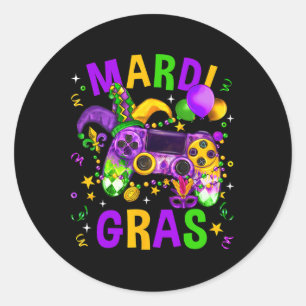 Sticker Rond Contrôleur de jeu vidéo Mardi Gras Jester Casquett