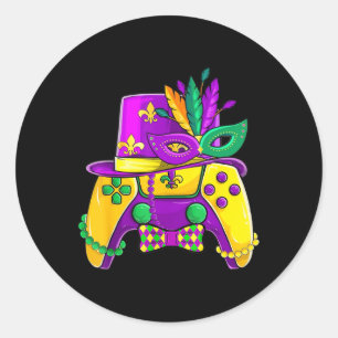 Sticker Rond Contrôleur de jeu vidéo Mardi Gras Jester Casquett