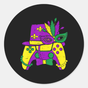 Sticker Rond Contrôleur de jeu vidéo Mardi Gras Jester Casquett