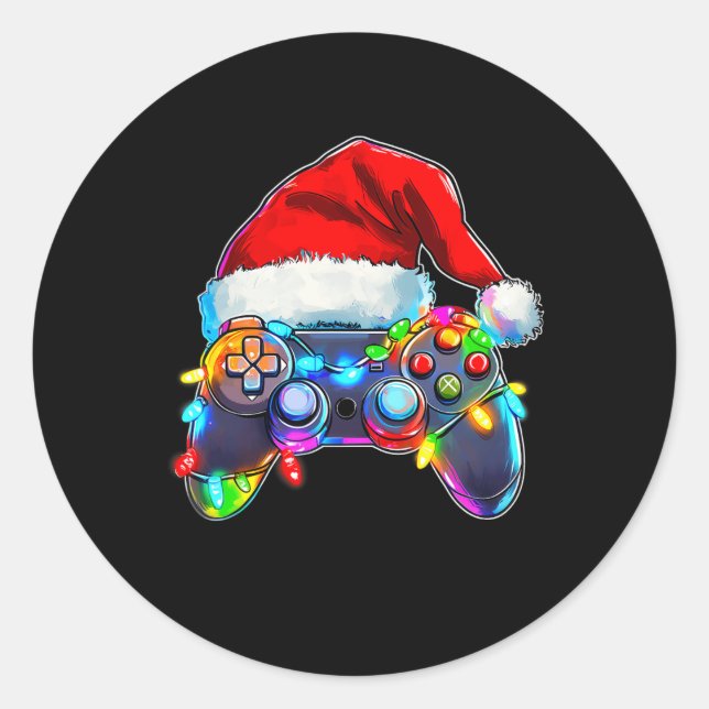 Sticker Rond Contrôleur de jeu vidéo Noël Santa Hat Gamer Bo (Devant)