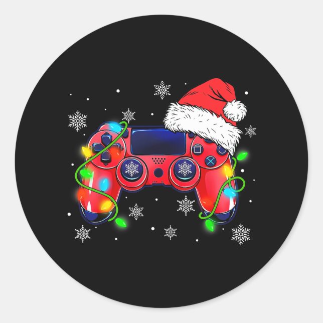 Sticker Rond contrôleur de jeu vidéo noël santa hat gamer bo (Devant)