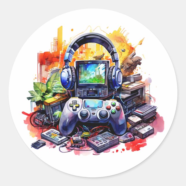 Sticker Rond Contrôleur vidéo et casque audio (Devant)