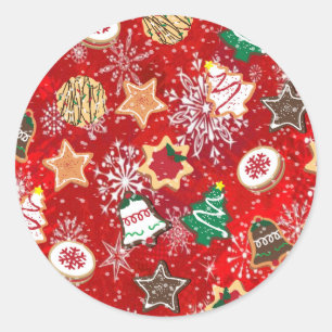 Sticker Rond Cookies de Noël et flocons de neige sur fond rouge