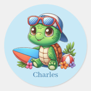 Sticker Rond Cool ajouter nom surf tortue de mer
