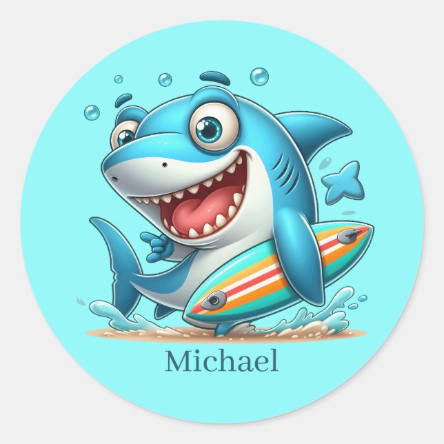 Sticker Rond Cool Amateurs de requin de plage surf ajouter le n (Devant)