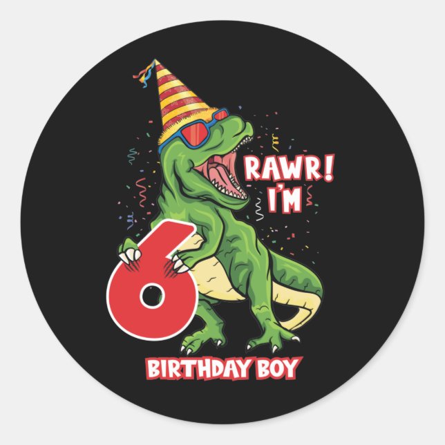 Sticker Rond cool Anniversaire dinosaure garçons âge six (Devant)