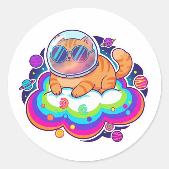 Sticker Rond Cool Astronaut Orange Cat in Space on Rainbow Clou (Devant)