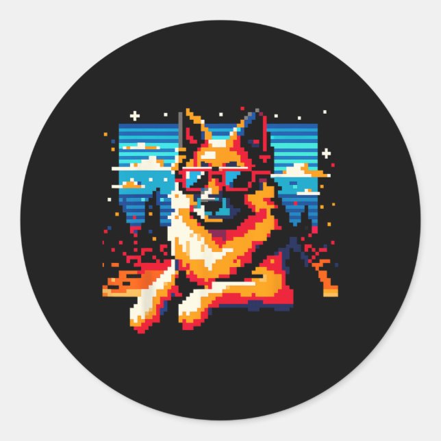 Sticker Rond Cool berger allemand chien Pixel style d'art Noël (Devant)
