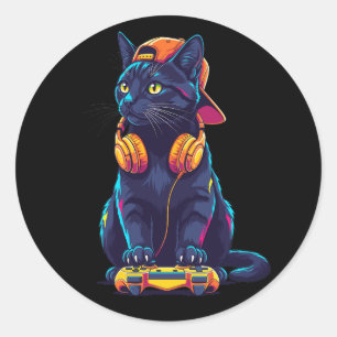 Sticker Rond Cool Black Cat Gamer Halloween Design Éffrayant