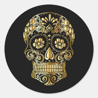 Sticker Rond Cool Black & Gold Sugar Skull Day of the Dead