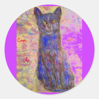 Sticker Rond cool bleu chat violet