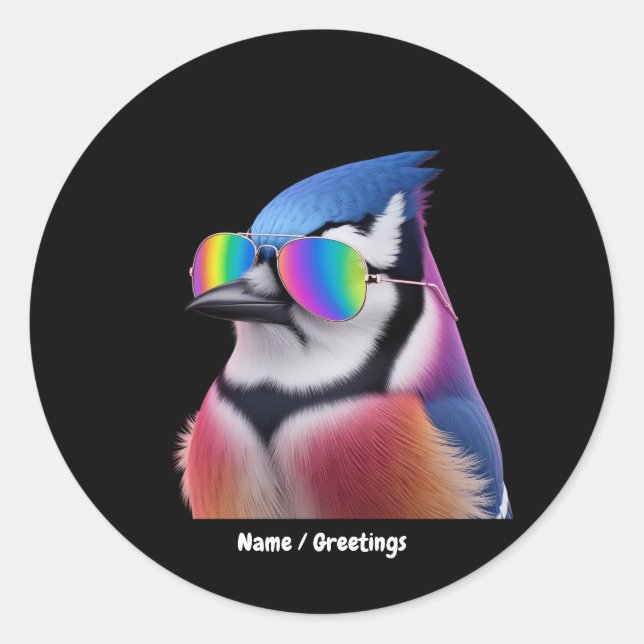 Sticker Rond Cool Bleu Jay Oiseau porter lunettes de soleil Ret (Devant)
