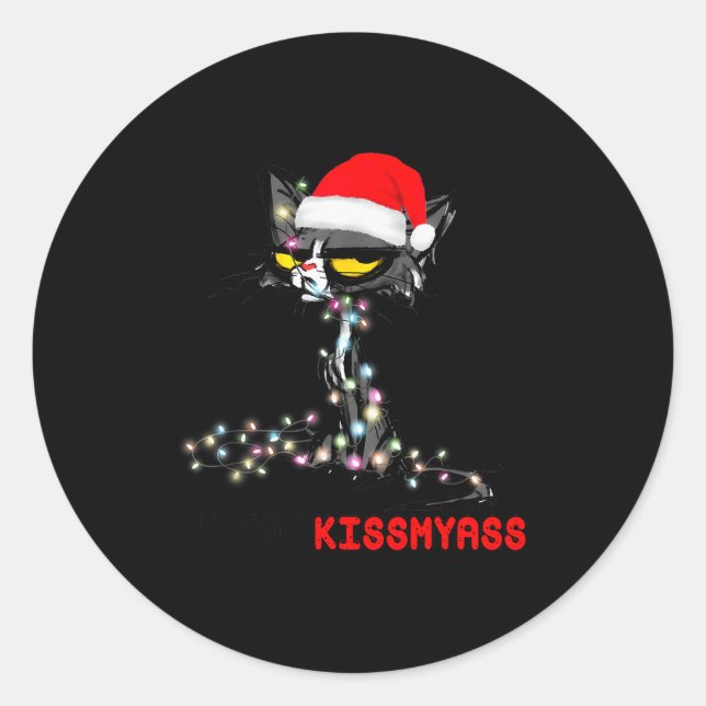 Sticker Rond Cool Cat Hat Merry Kiss My Christmas  (Devant)