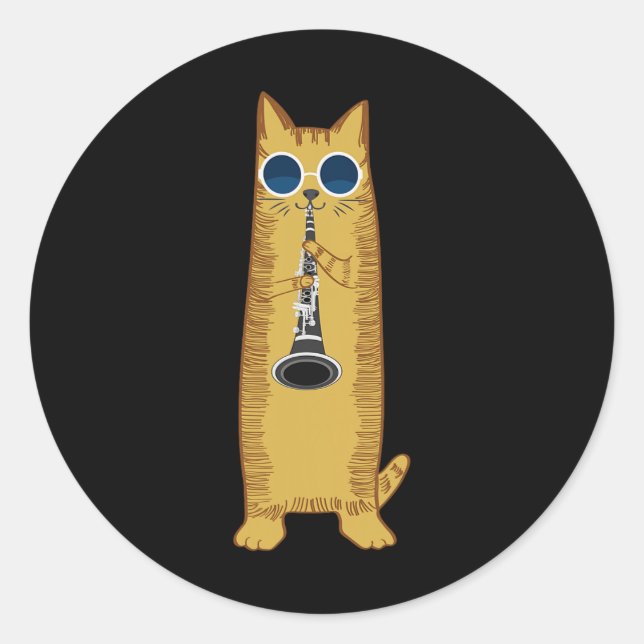 Sticker Rond Cool Cat Playing The Clarinet Design Hippy Hipster (Devant)