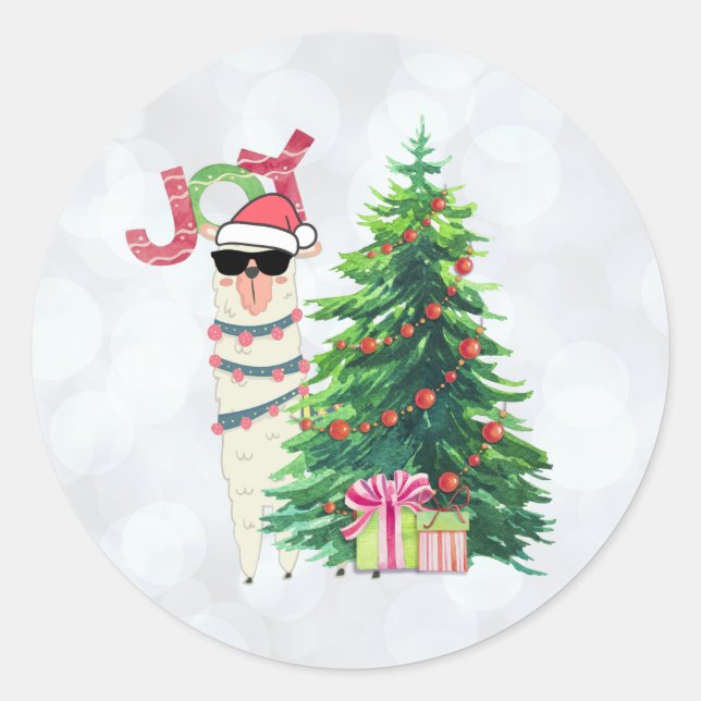 Sticker Rond Cool Christmas Llama | Joy Typography | Réserver (Devant)
