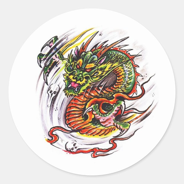 Sticker Rond Cool dessin animé symbole tatouage oriental Dragon (Devant)
