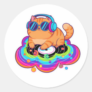 Sticker Rond Cool DJ Orange Cat with Headphones on Rainbow Clou