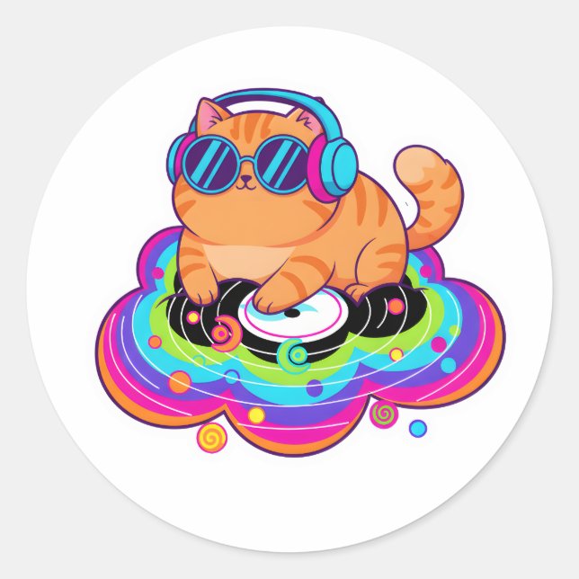 Sticker Rond Cool DJ Orange Cat with Headphones on Rainbow Clou (Devant)