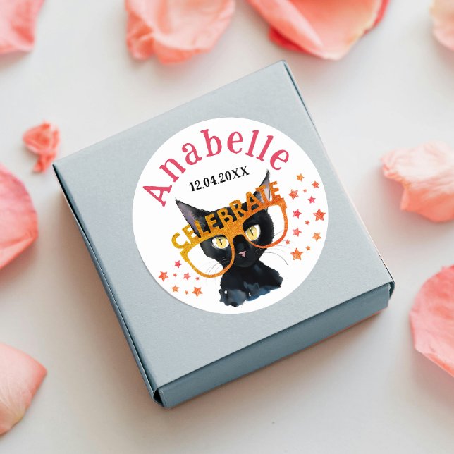 Sticker Rond Cool Fille Chat Noir Rouge Orange Parties scintill (Créateur téléchargé)