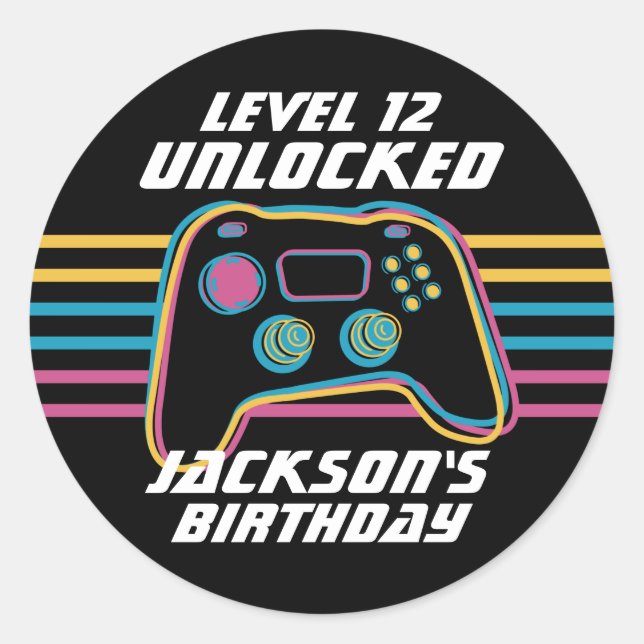 Sticker Rond Cool Gamer Niveau Déverrouillé Jeu Ado Anniversair (Devant)
